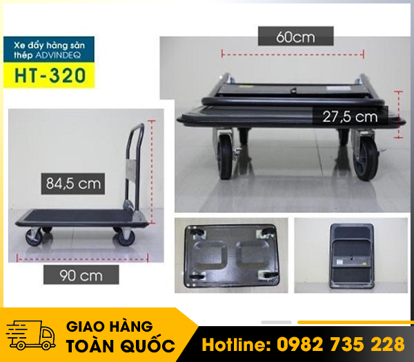 Xe đẩy hàng 4 bánh sàn thép phủ nhám ADVINDEQ HT-320